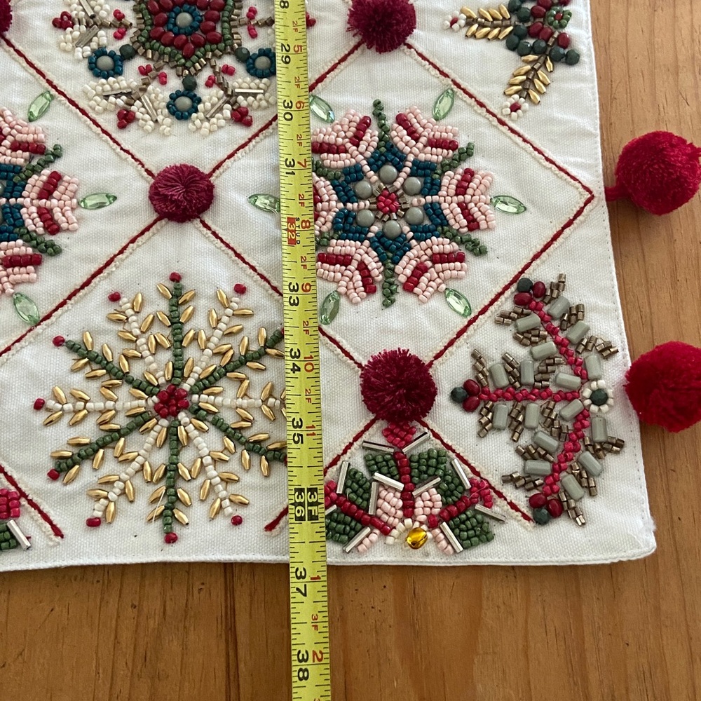 Hand Beaded Christmas Table Runner Pom Pom Trim - Picture 2 of 7